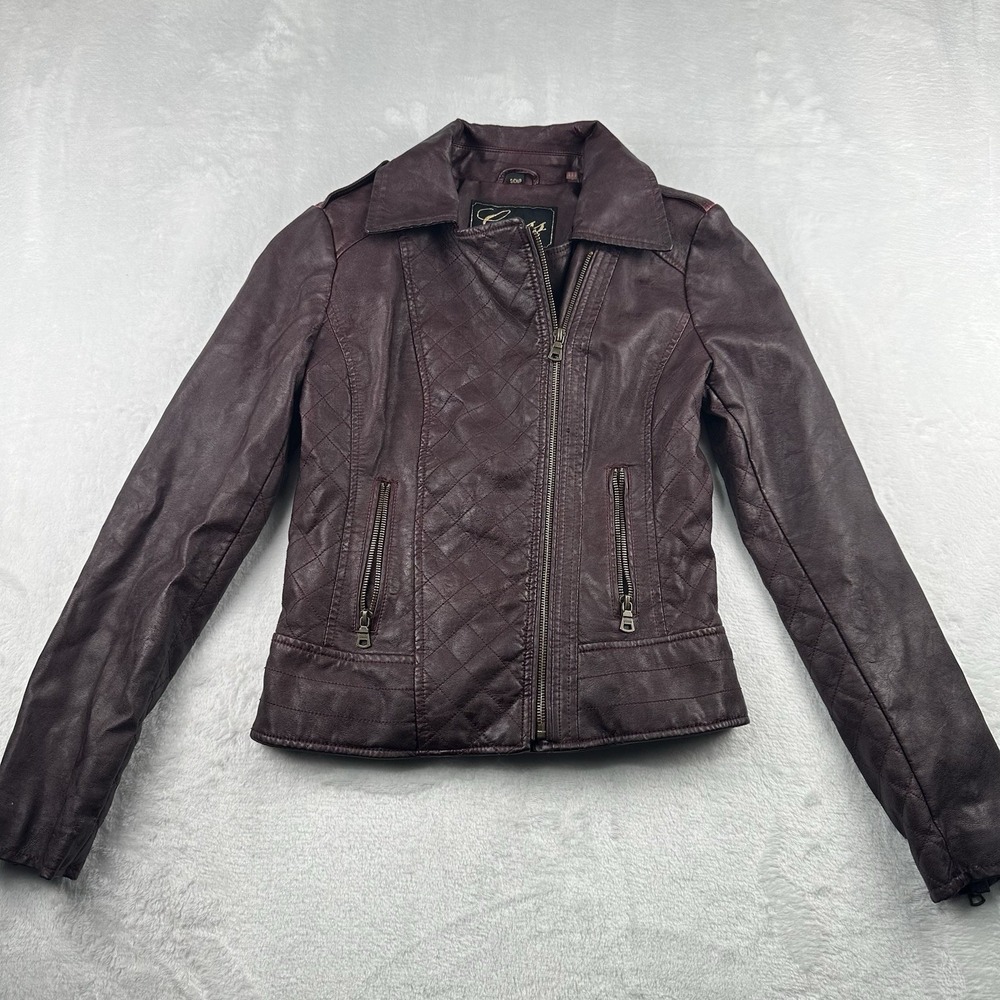GUESS Women's Jacket Size Small Faux Leather Moto Quilted Burgundy Bomber Biker
